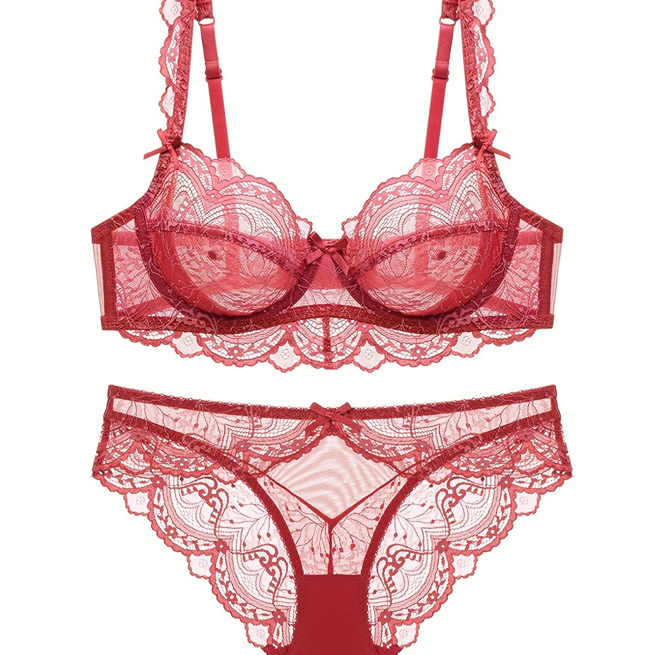 Plus Size Lace Lingerie Set with Bow and Spaghetti Strap Solid Color High Stretch