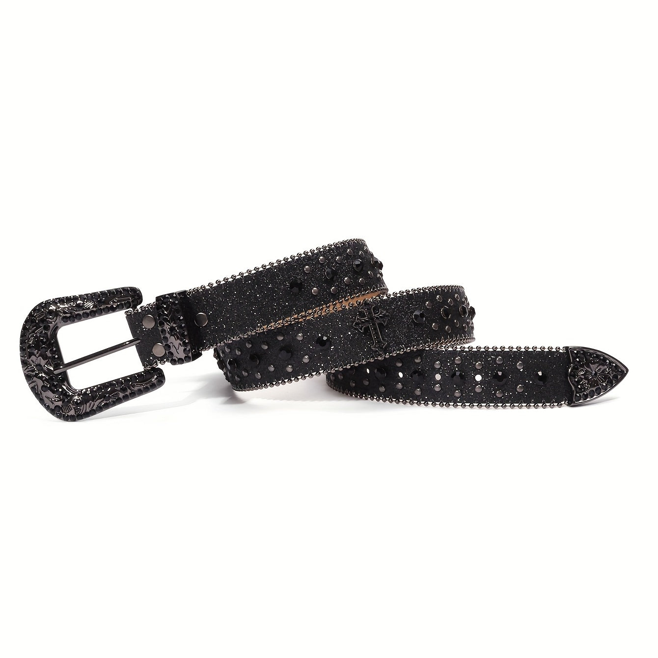 Women’s Boho Leather Belt with Rhinestones and Carved Buckle for Festival and Western Jeans