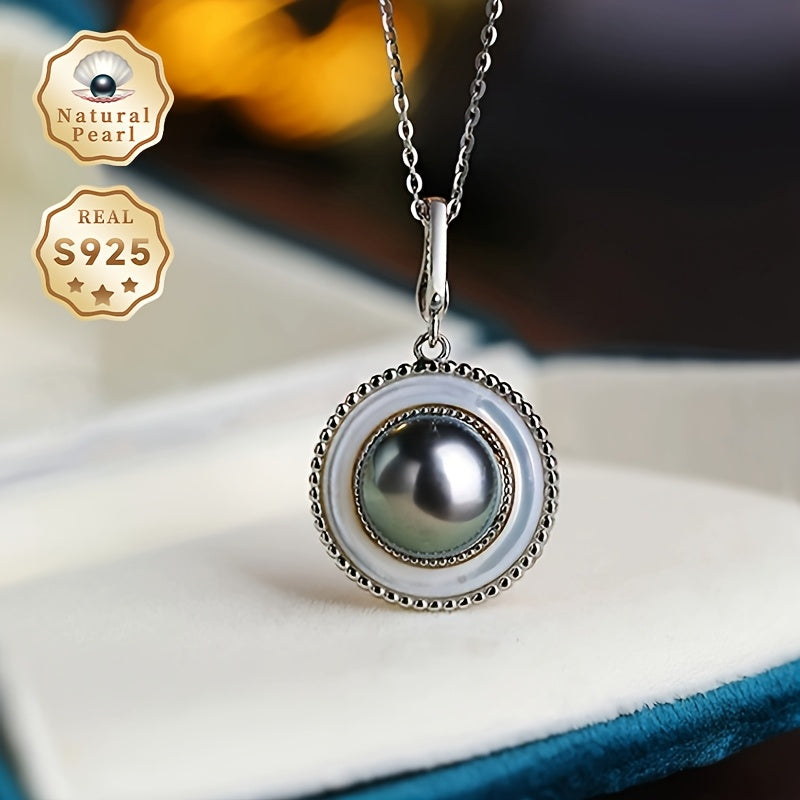 MUFAN Vintage Elegant 925 Silver Necklace 9-10mm Tahitian Qora Marvarid bilan - Haqiqiy Tabiiy To'siq, Iyul Tug'ilgan Kuni To'siqi, Qoplamasiz - Har kuni kiyish va sovg'a berish uchun ideal, Har qanday holatga mos keladi