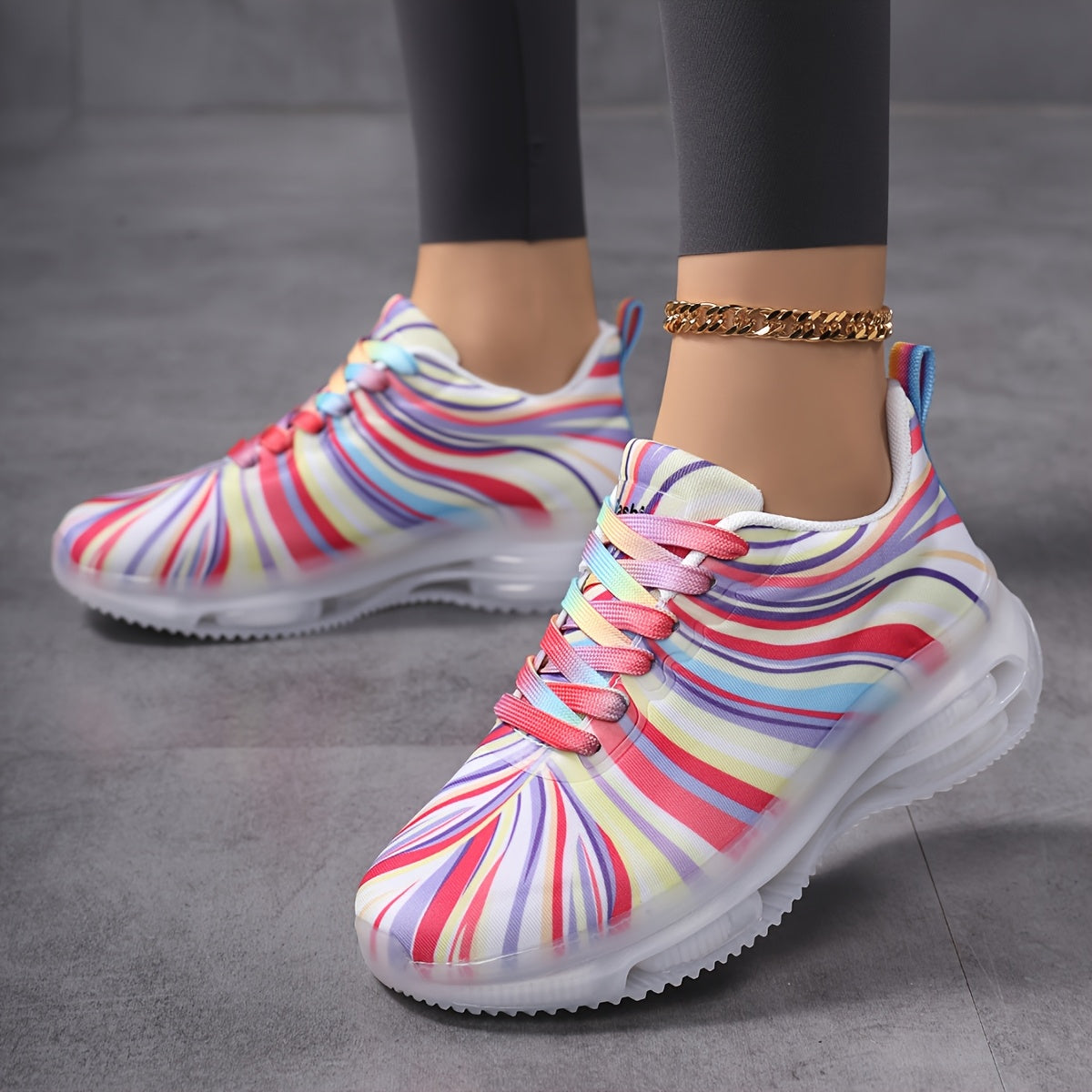 Women’s Rainbow Striped Mesh Sneakers Low-Top Casual Shoes Breathable Flexible