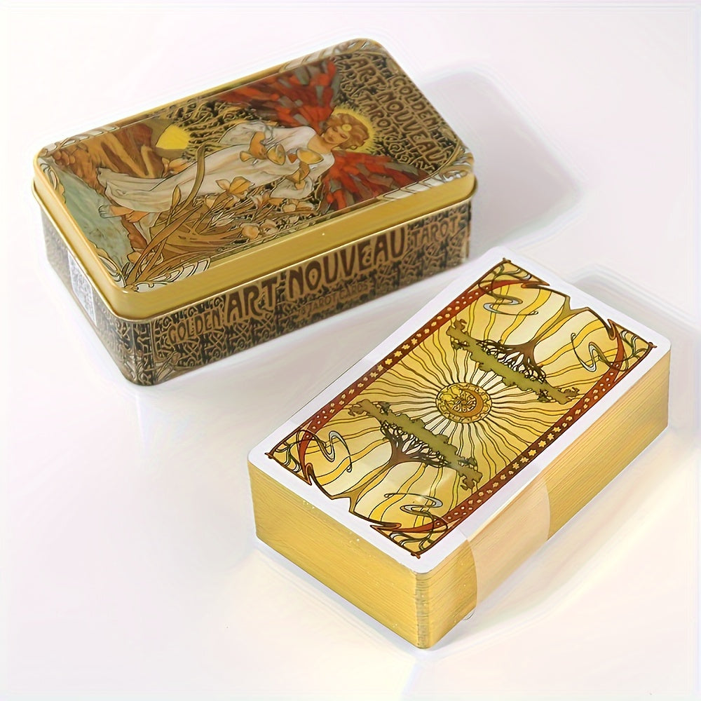 Elegant Gold Art Nouveau Tarot Cards 78-Piece Deck with Gilded Edges and Tin Box