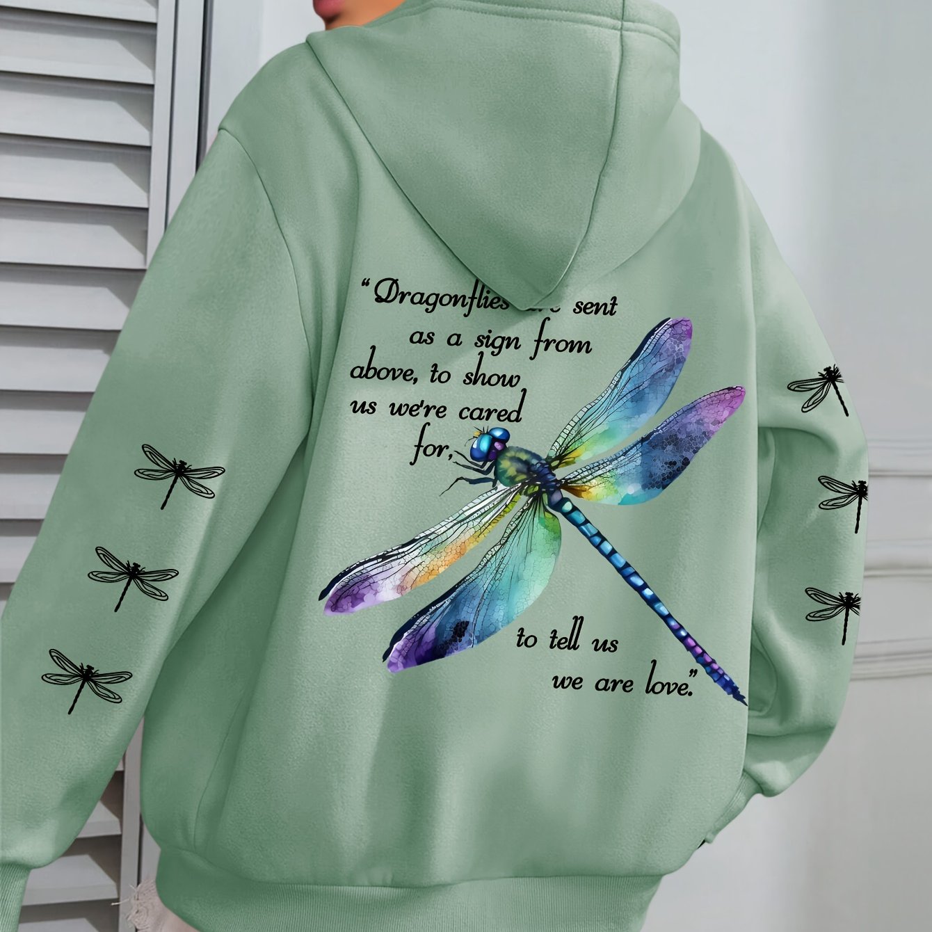 Толстовка с длинными рукавами для женщин больших размеров с принтом стрекозы, зелёная