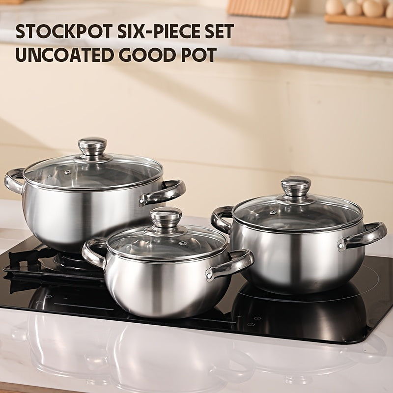 7-Piece Stainless Steel Cookware Set with Glass Lids for Soup and Stew