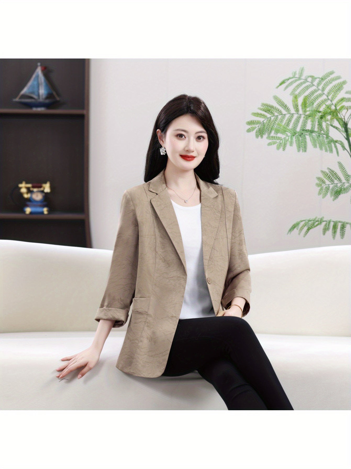 Plus Size Women's Blazer Jacket 3/4 Sleeve Slim Fit Office to Casual Khaki