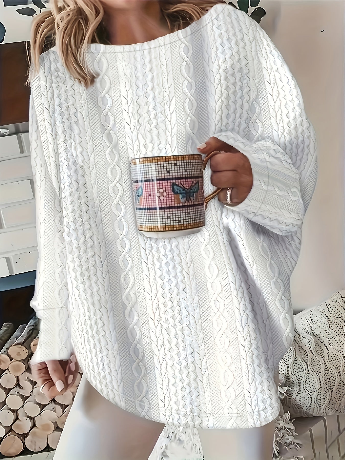 Plus Size Textured Sweatshirt Long Sleeve Crew Neck Casual Women