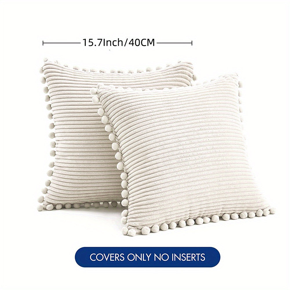 Набор из 2-х бохо наволочек для подушек с помпонами и акцентом из вельвета. Сплошные квадратные подушки для различных пространств. (18x18 дюймов/45x45 см). ВКЛЮЧЕНИЯ НЕ ВХОДЯТ.
