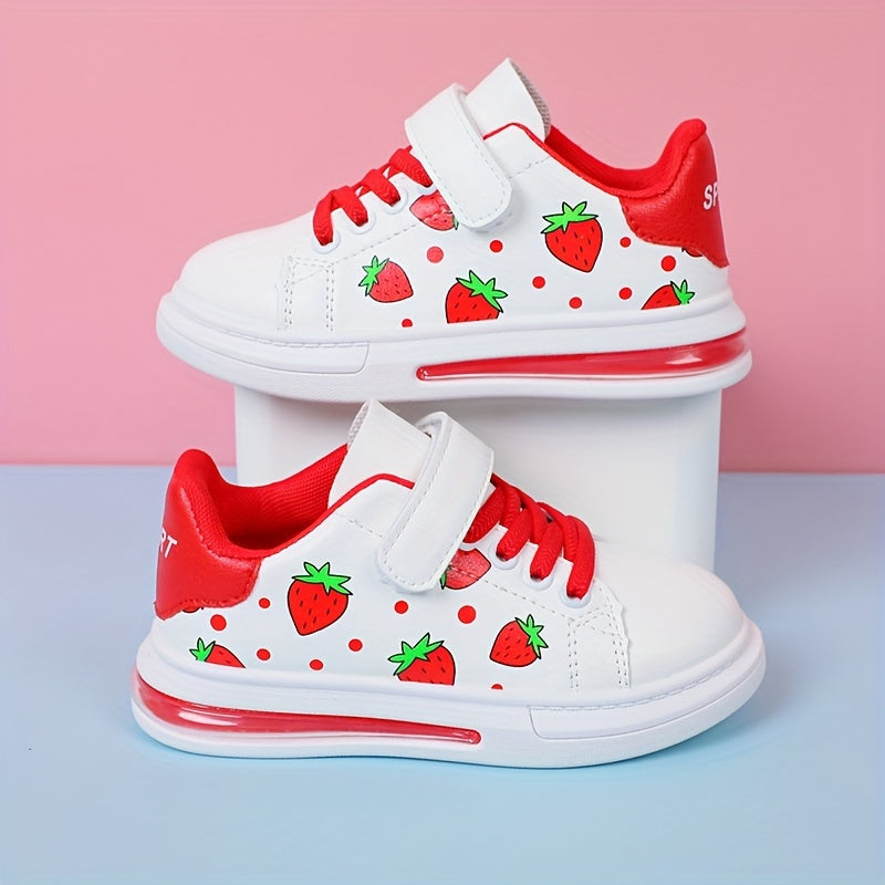 Girls Low Top Sneakers with Strawberry Cartoon Pattern All-Season Non-Slip Skateboard Shoes