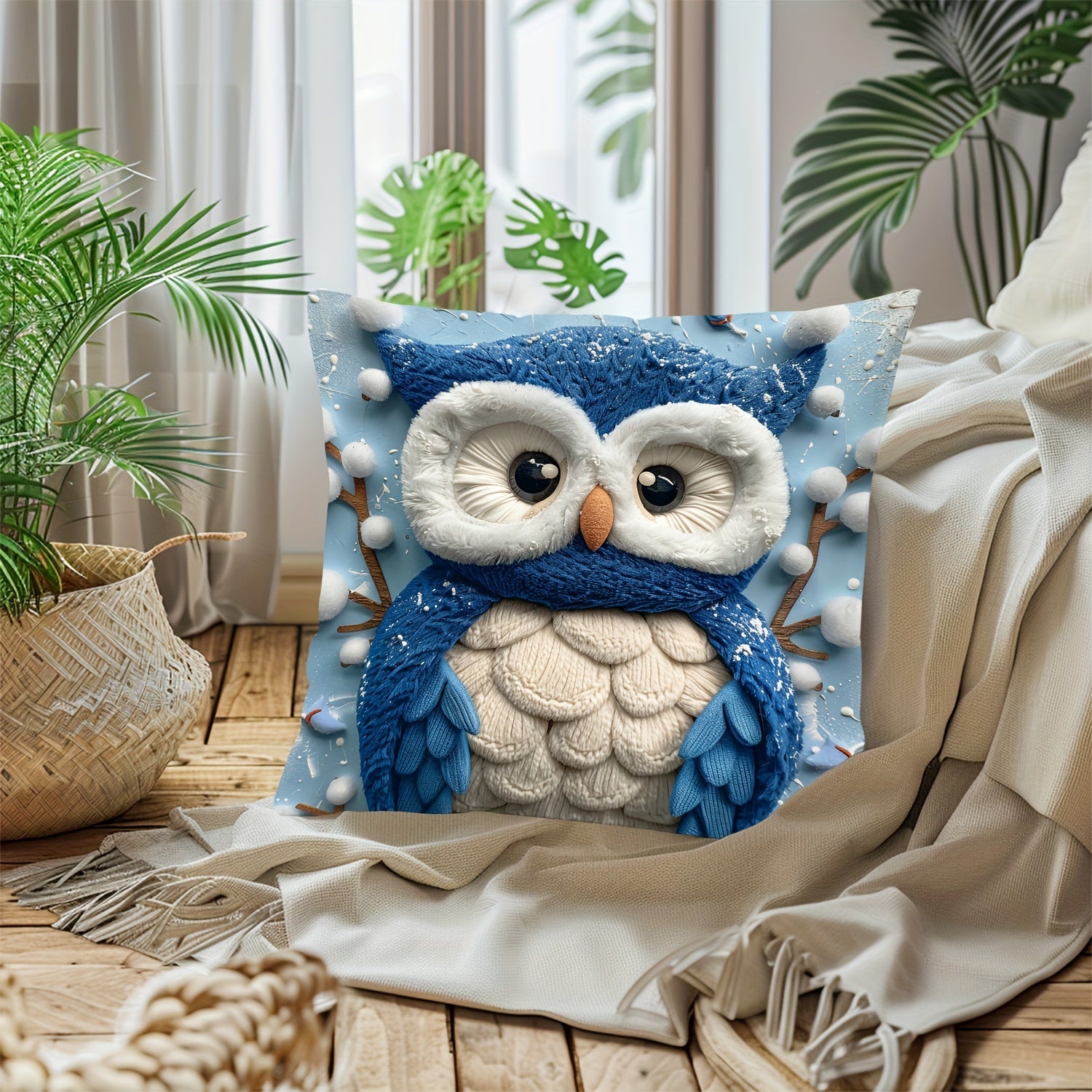 Christmas Owl Pillow Cover 44.96cm Square Digital Print Sofa Bedroom Decor