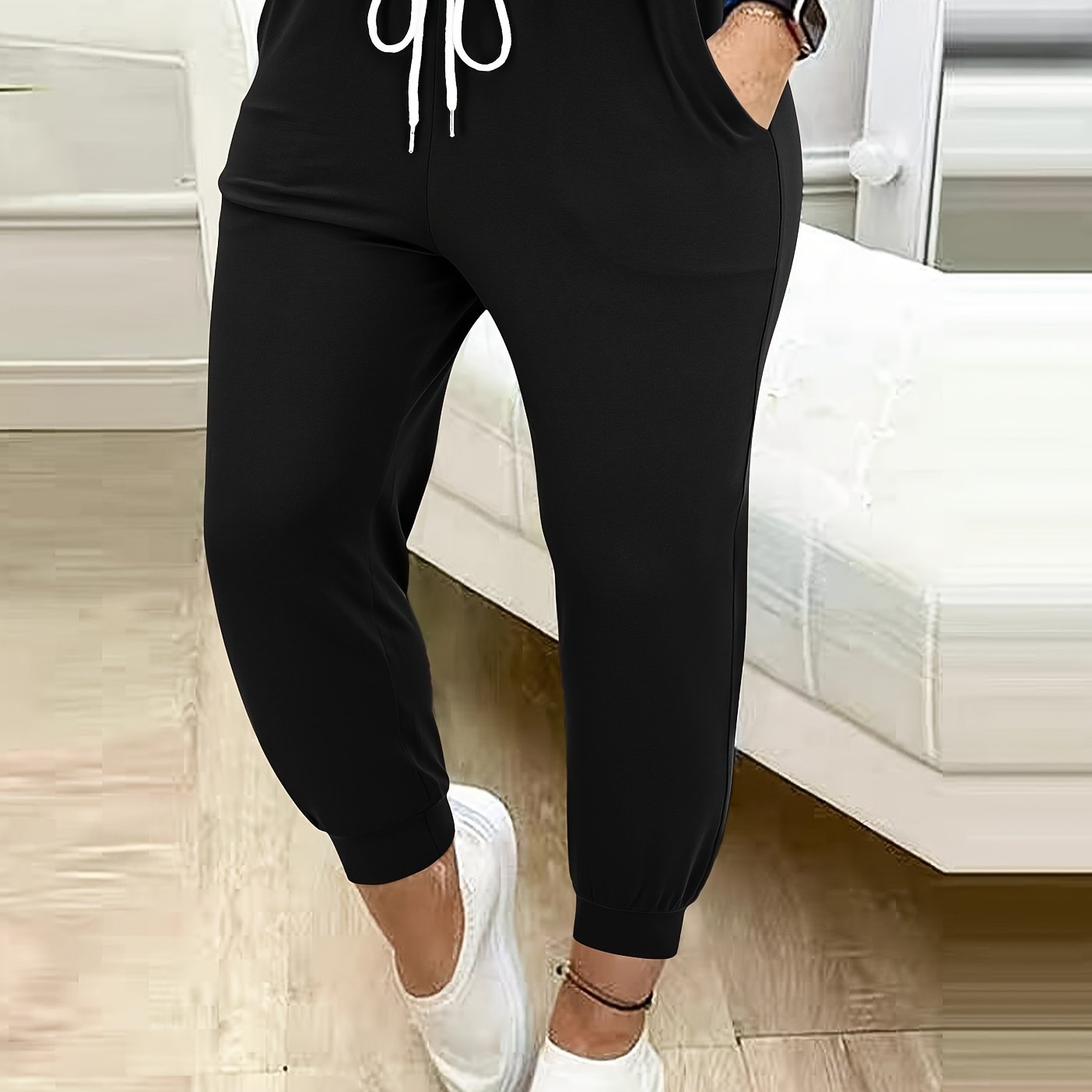 Plus Size Casual Solid Color Drawstring Waist Pants with Pockets for Women