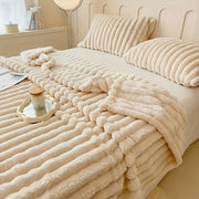Striped Faux Fur Throw Blanket Cozy Plush for Couch Bed Travel All-Season