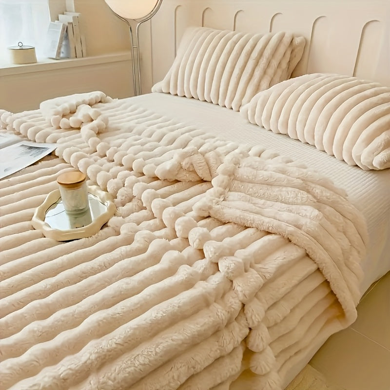 Striped Faux Fur Throw Blanket Cozy Plush for Couch Bed Travel All-Season