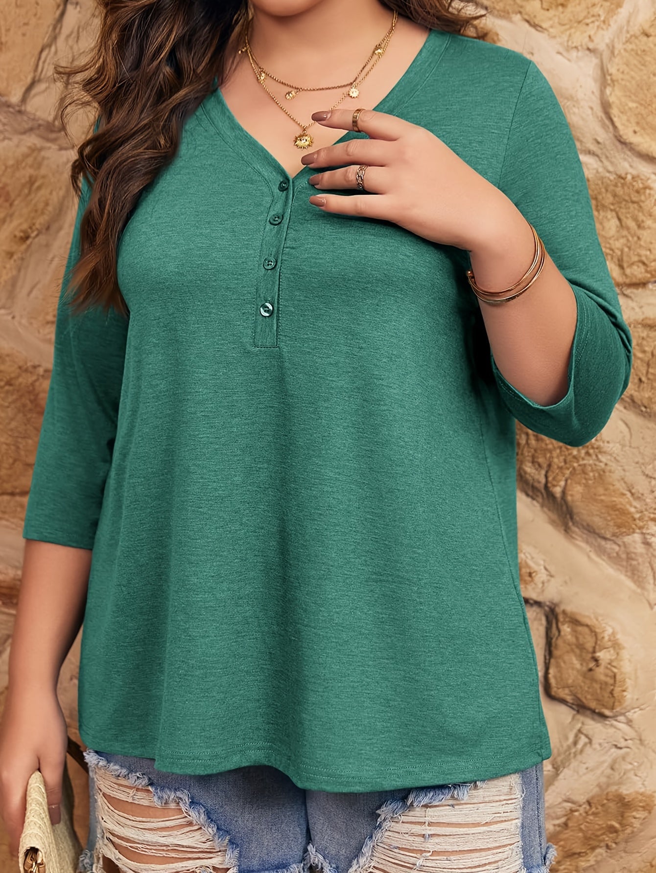 Women's Plus Size V-Neck Tunic Top 3/4 Sleeve Button Front Casual Breathable