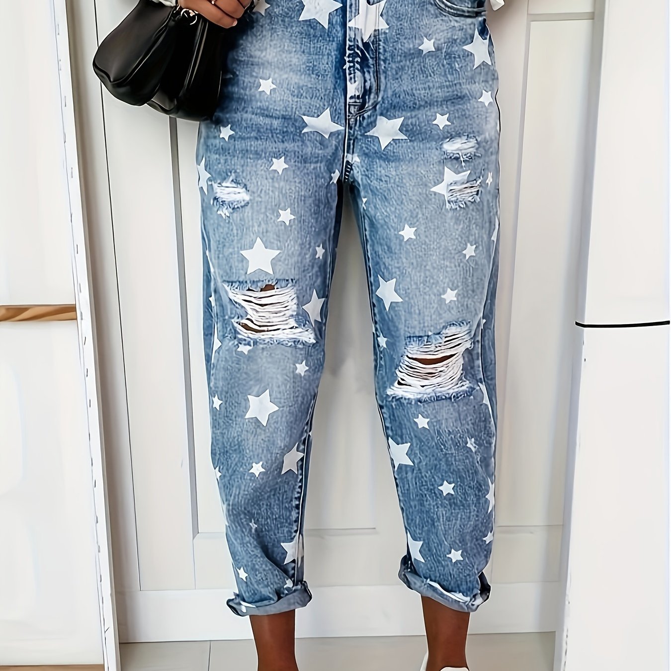 Plus Size Women's Blue High Waist Star Printed Ripped Straight Leg Pants