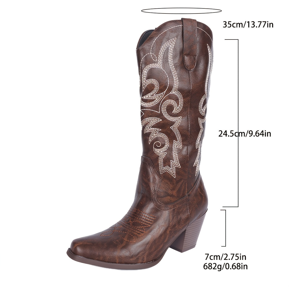 Women Brown Vintage Cowboy Boots with Embroidery Mid-Calf Western Riding