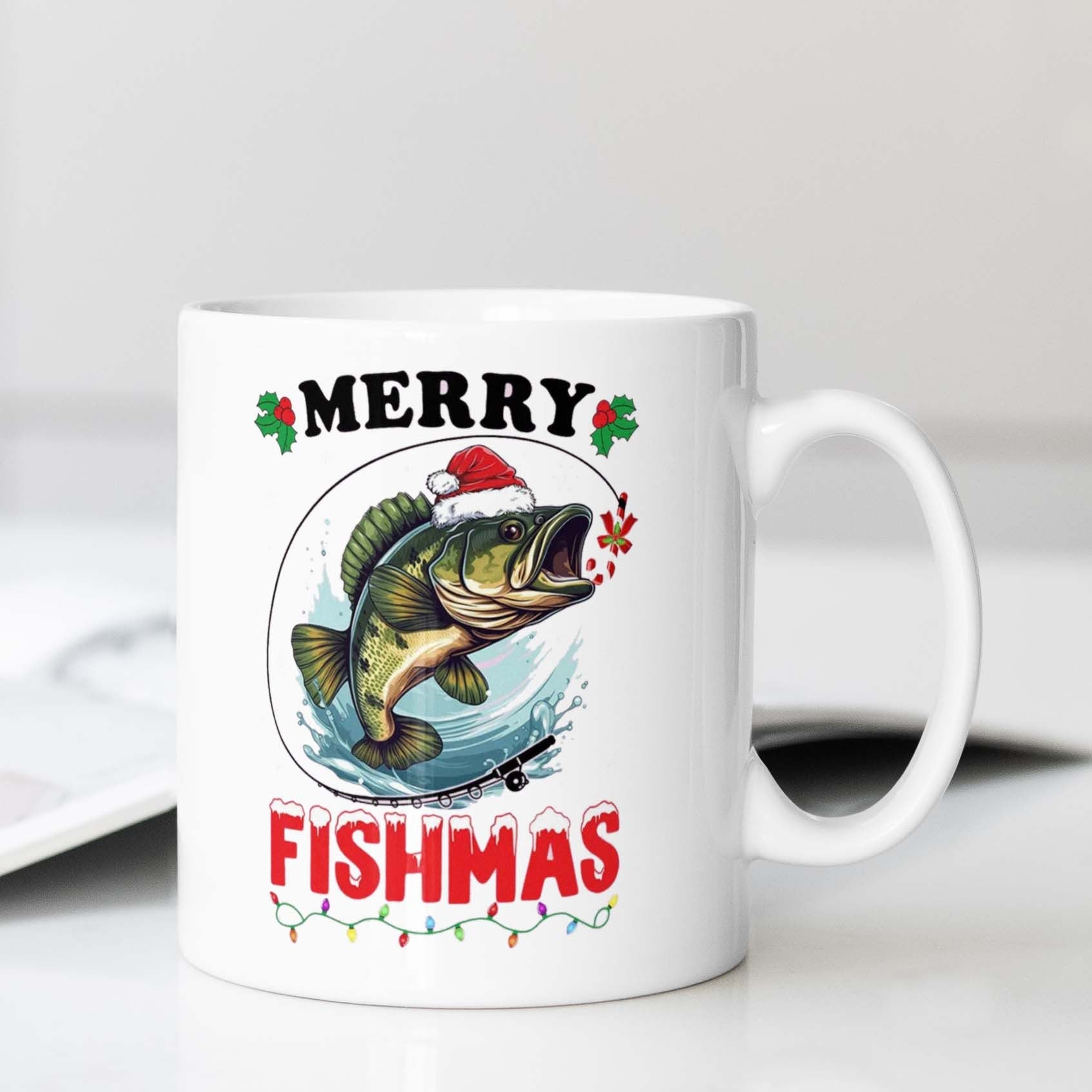 Ceramic Coffee Mug Christmas Fishing Merry Fishmas Holiday Gift Office Camping