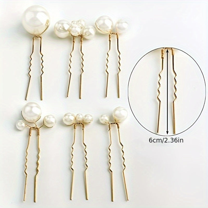 To'ylar uchun oltin va kumush rangdagi faux marjon bilan bezatilgan 6 ta U-shaklidagi soch pinlari