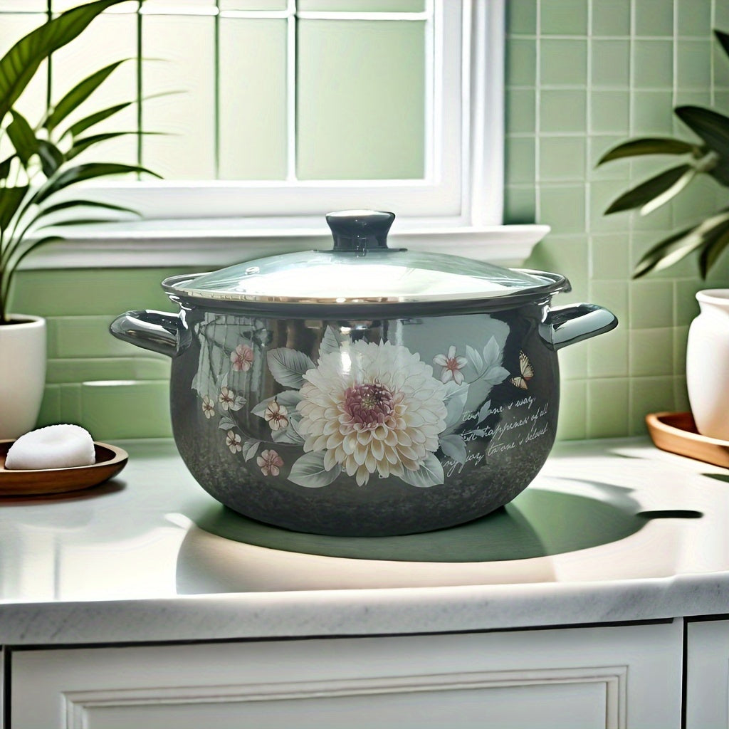 Enamel Fryer with Strainer Double-Ear Soup Pot High-Temperature Resistant for Stew and Cooking