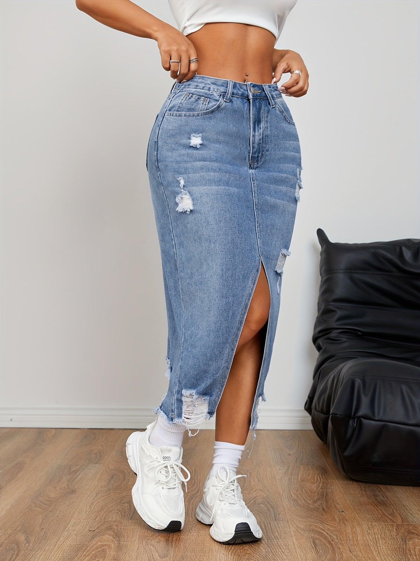Women's Denim Skirt Casual Distressed Midi with Raw Hem and Slit