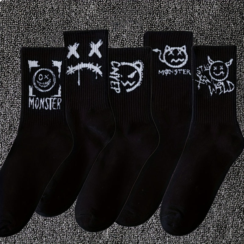 Men's Black and White Graffiti Pattern Crew Socks 5 Pairs Breathable Comfortable All Seasons