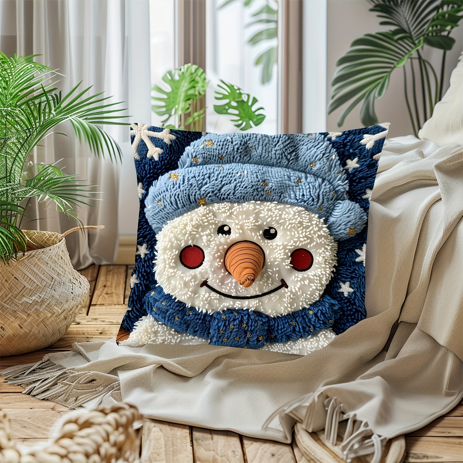 Christmas Snowman Pillow Cover Blue White Short Plush 44.96cm x 44.96cm Decor