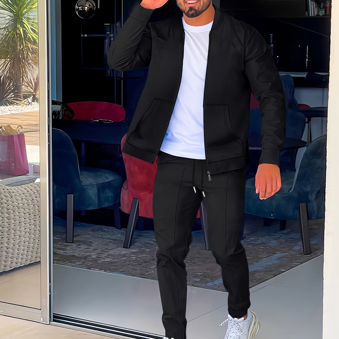 Men's Grey Waffle Knit Baseball Collar Sports Set Zip-Up Pants with Drawstring Waist