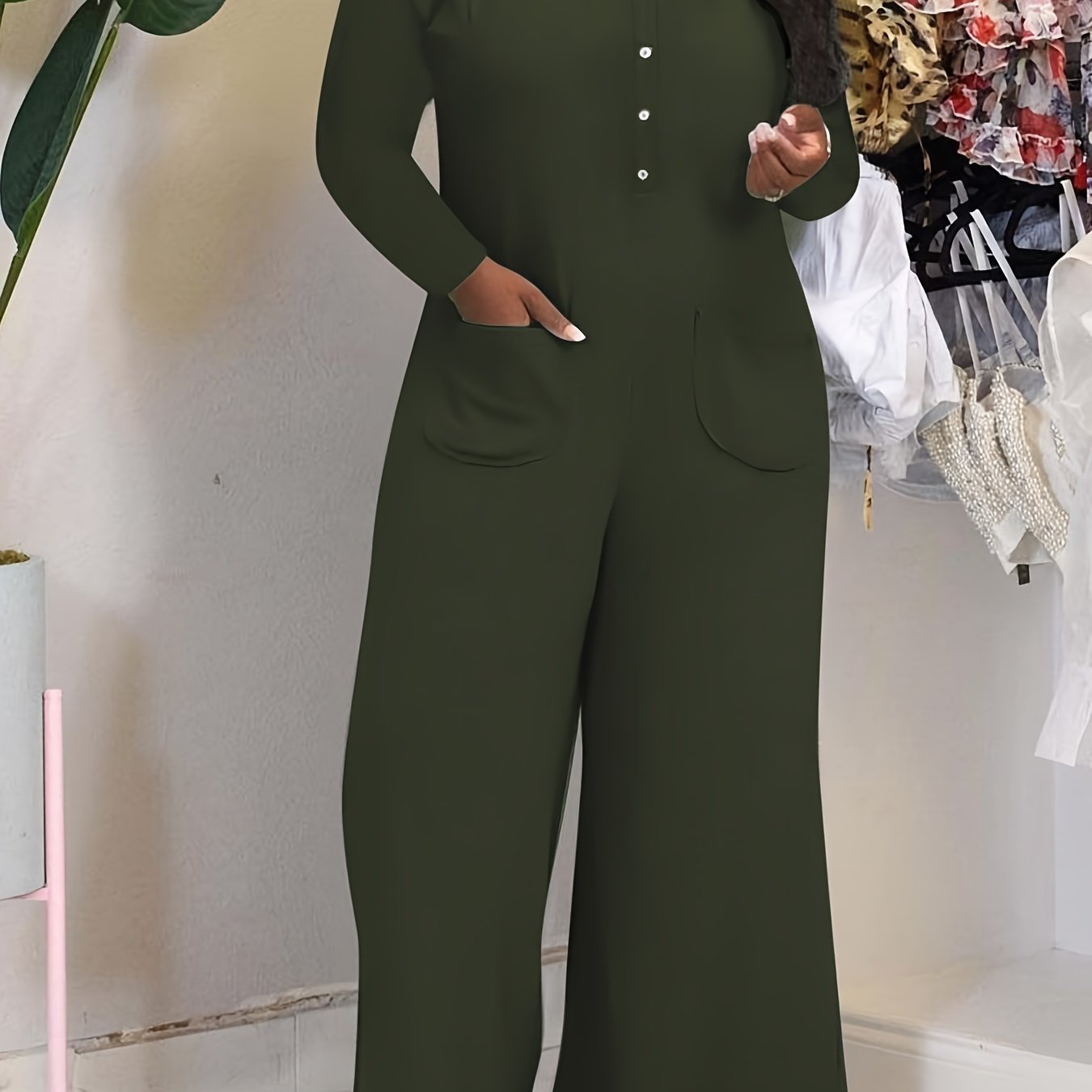 Women's Black Wide-Leg Lounge Jumpsuit with Pockets and Machine Washable