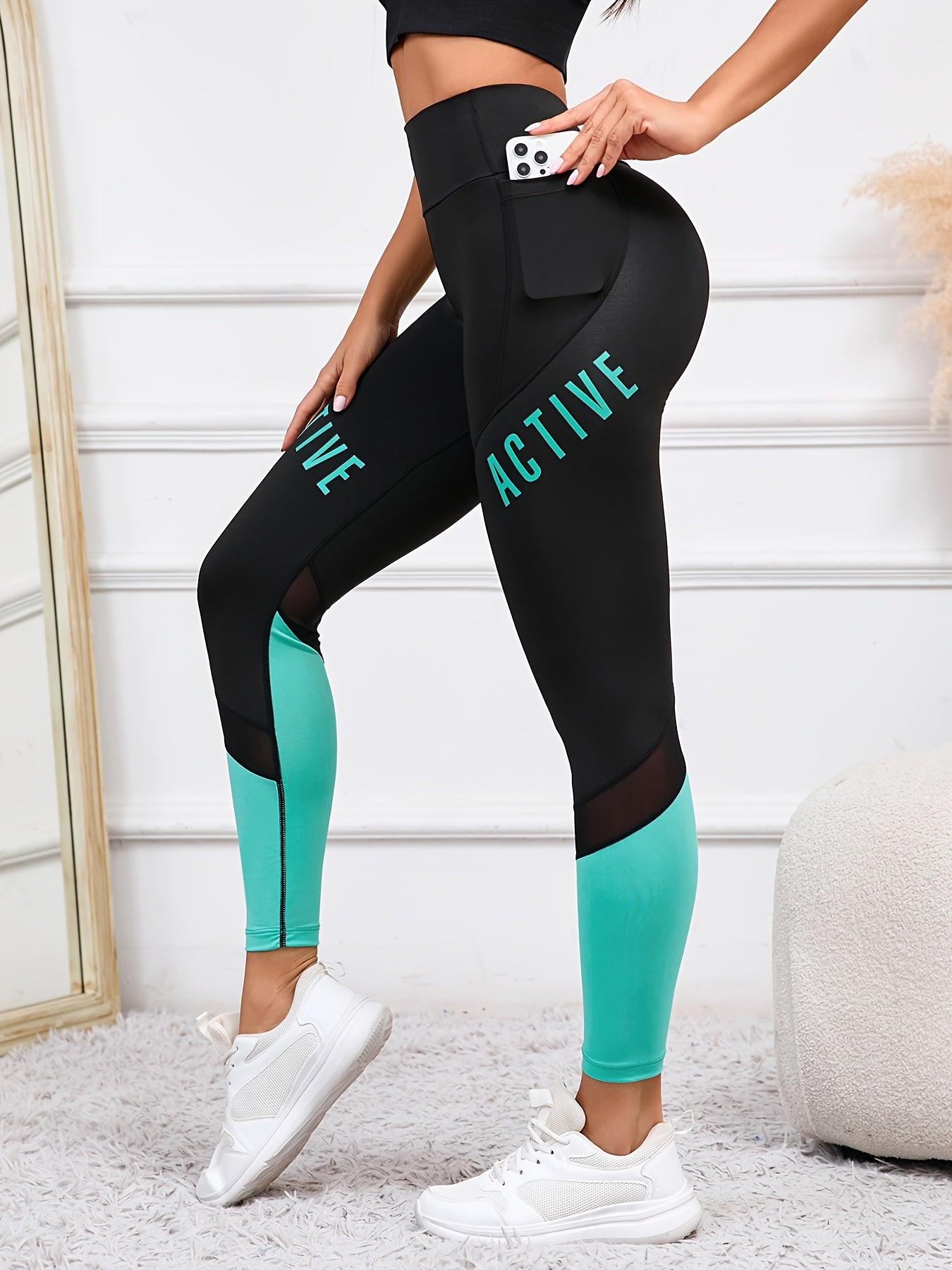Women's High Waist Yoga Leggings with Pockets and Color-Block Letter Print