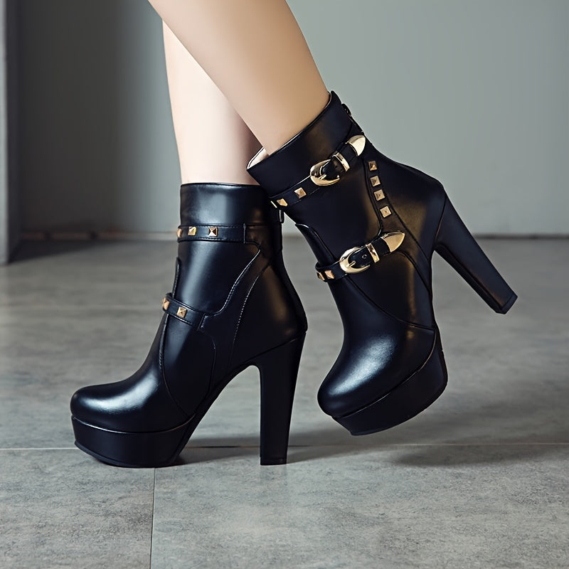 Women's Black Faux Cover Ankle Boots with Rhinestones and Buckles
