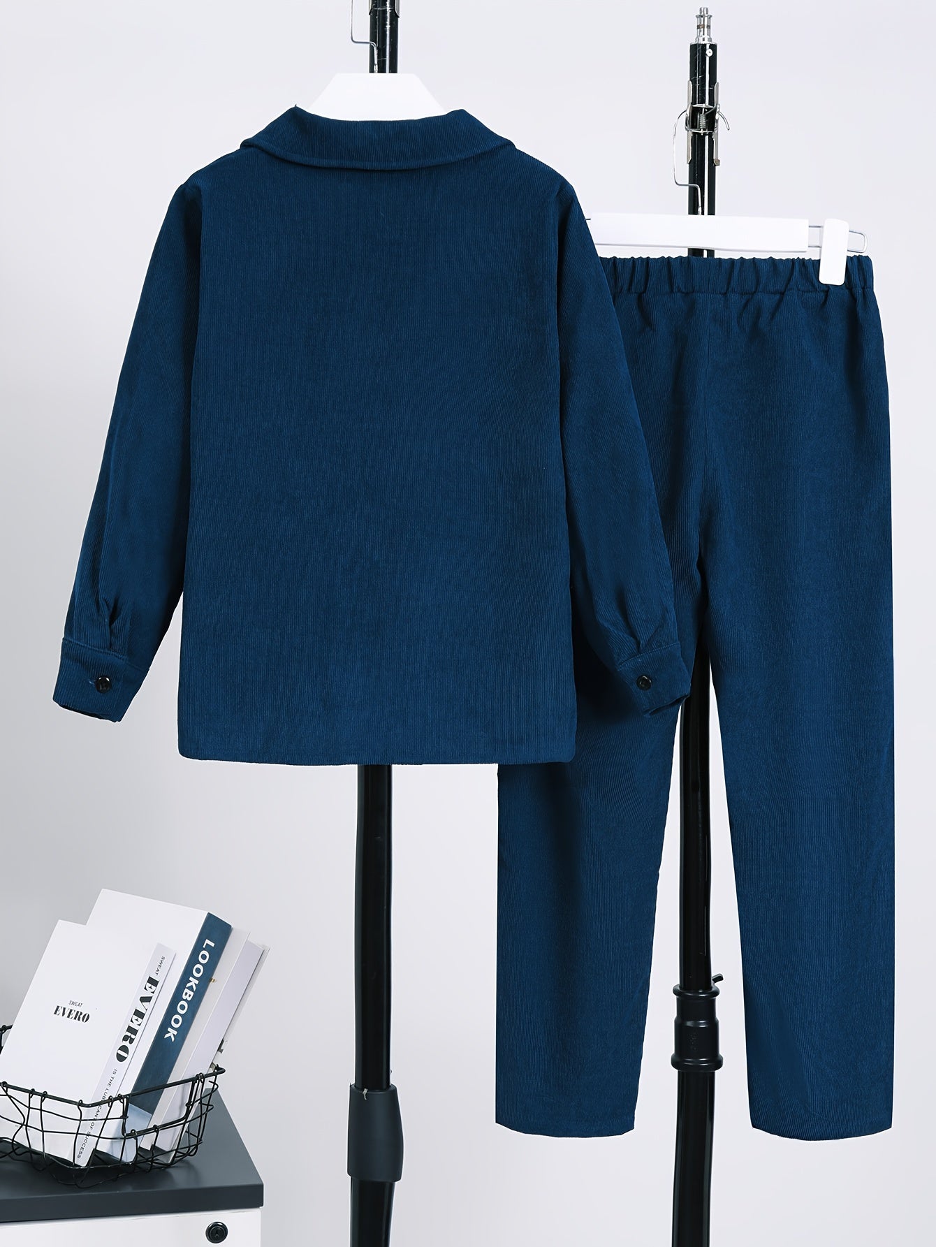 Kids Boys Navy Blue Corduroy Two-Piece Set with Shirt and Pants