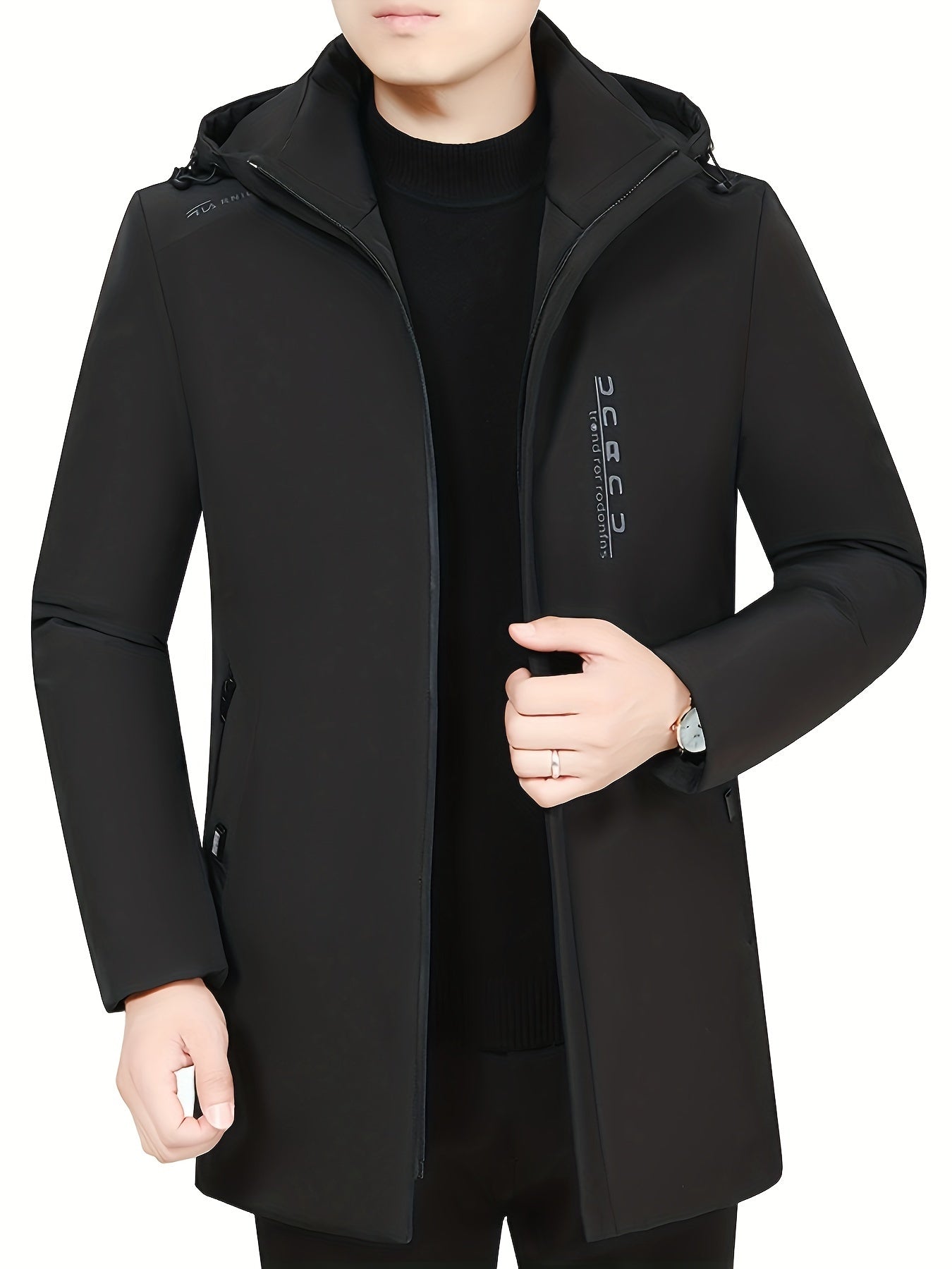 Men's Black Polyester Winter Jacket with Hood Dual Inner Pockets Zipper Closure