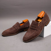 Men's Solid Color Cowhide Leather Penny Loafers Slip-On Dress Shoes for Men