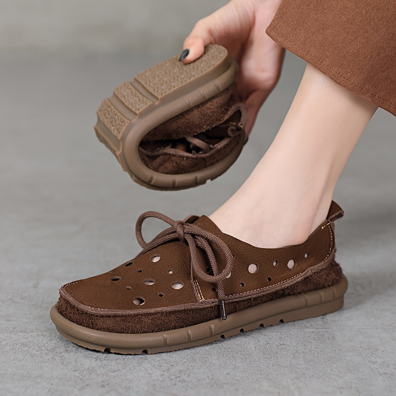 Women's Leather Loafers with Perforated Design and Rubber Sole Brown Summer Casual Shoes