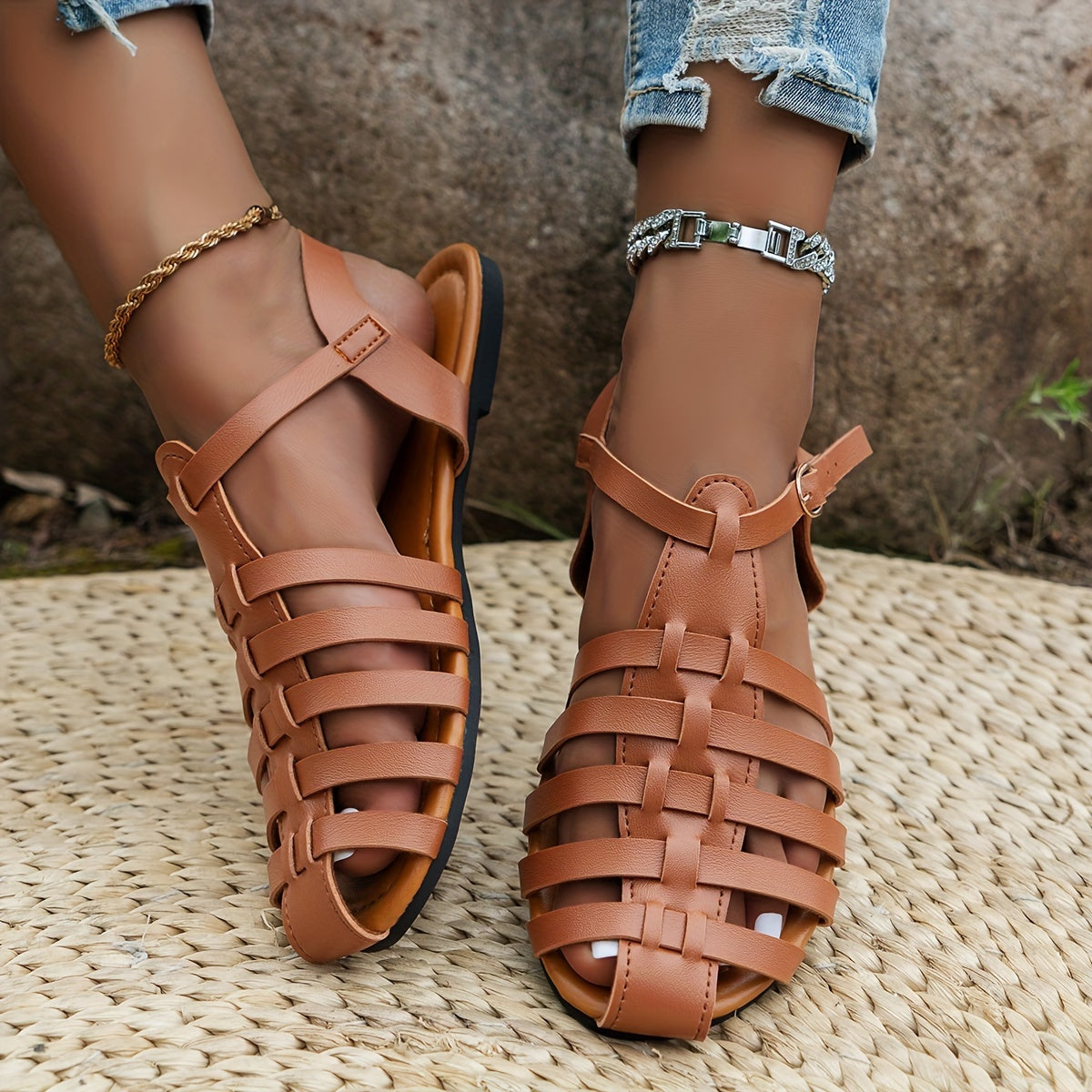 Women’s Brown Flat Heel Strappy Sandals with Buckle Closure