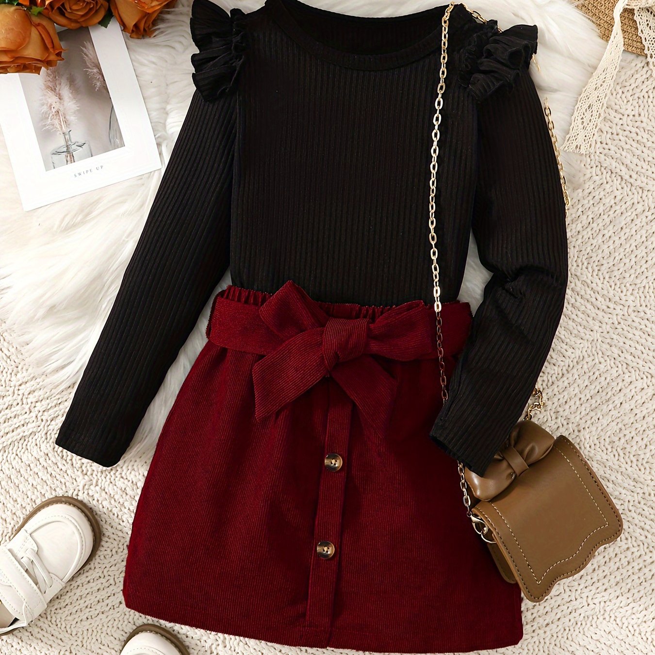 Girls Spring Summer Short Skirt Set with Long Top Ribbed Flying Sleeves Belt