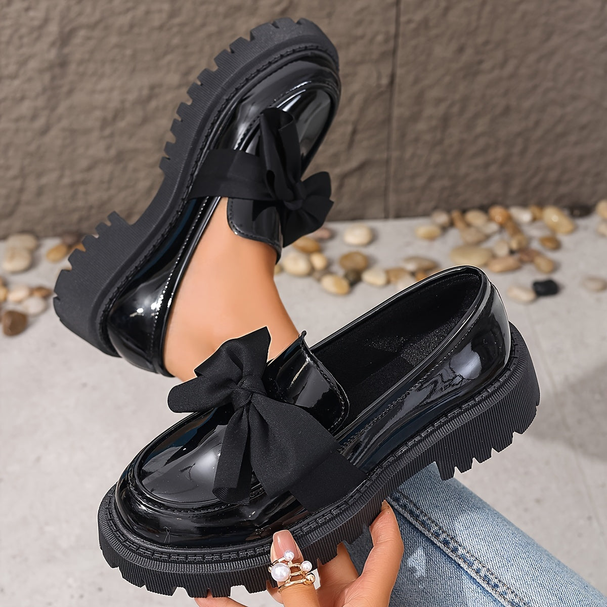 Women’s Synthetic Leather Slip-On Penny Loafers with Bow Flats