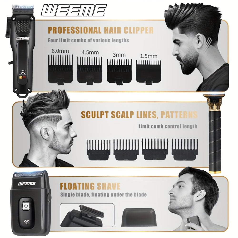 Набор для стрижки волос с USB-зарядкой 3-в-1 с ЖК-дисплеем индикатора заряда, точным триммером и бритвой для мужчин