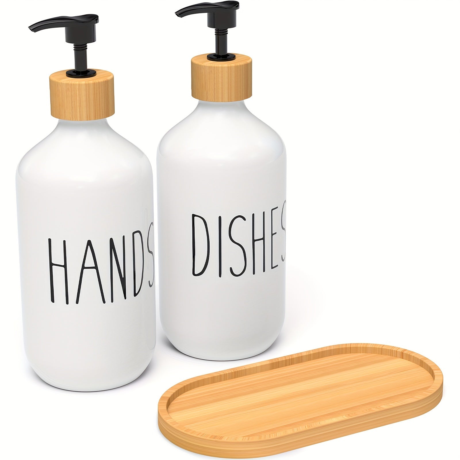 Set of 2 Refillable Soap Dispensers with Wooden Tray for Bathroom