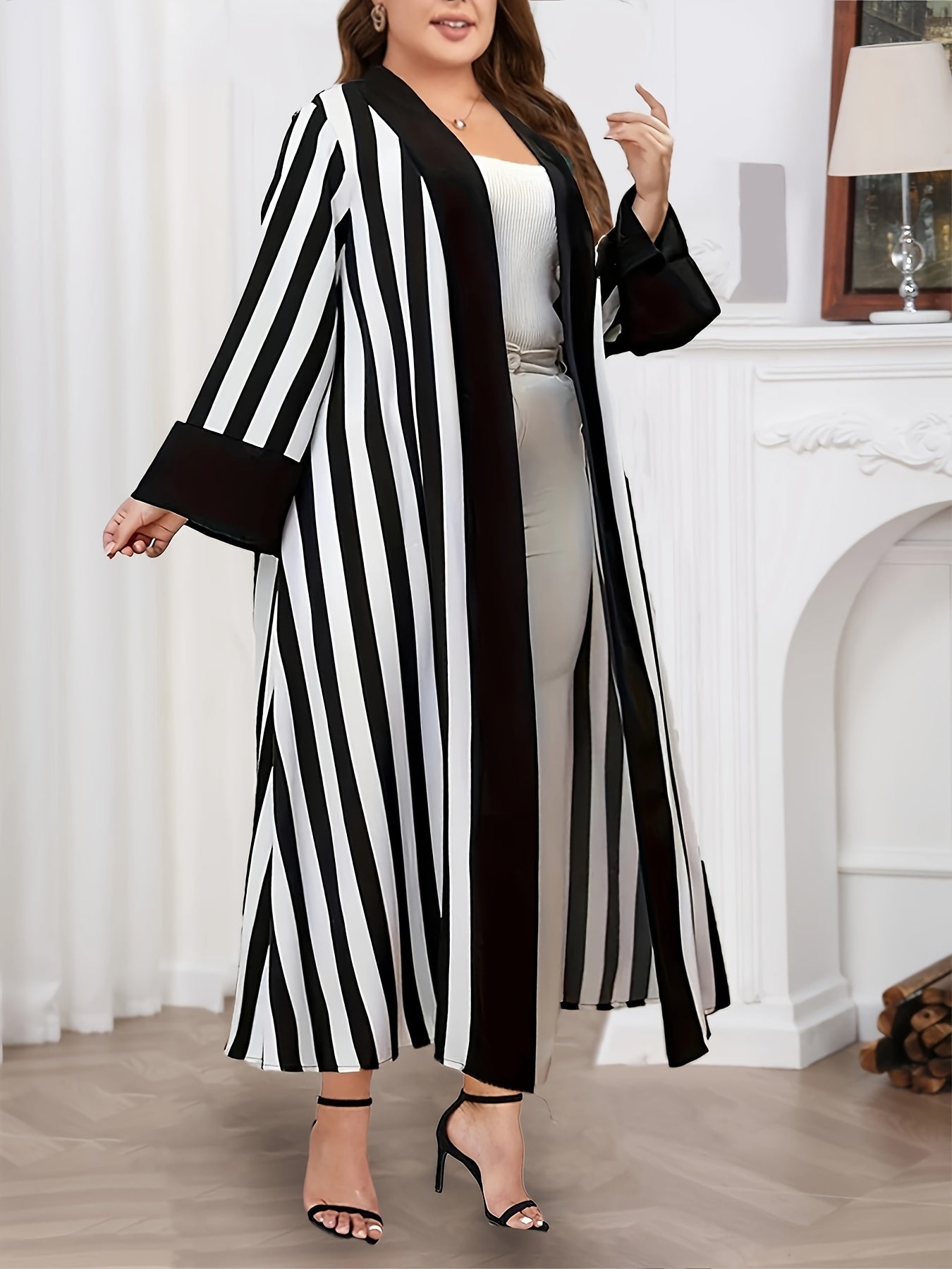 Plus Size Striped Long Sleeve Cardigan Lightweight Open Front