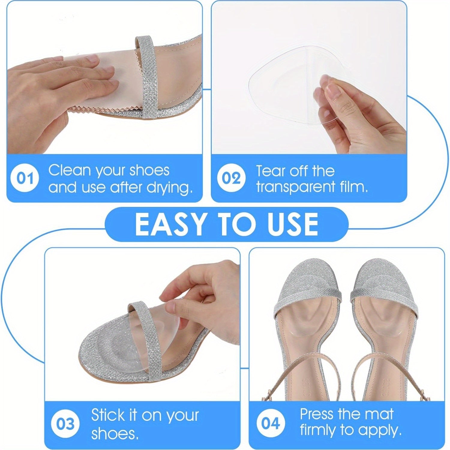 Women Reusable Gel Heel Pads 10-Pack with Arch Support Non-Slip Breathable