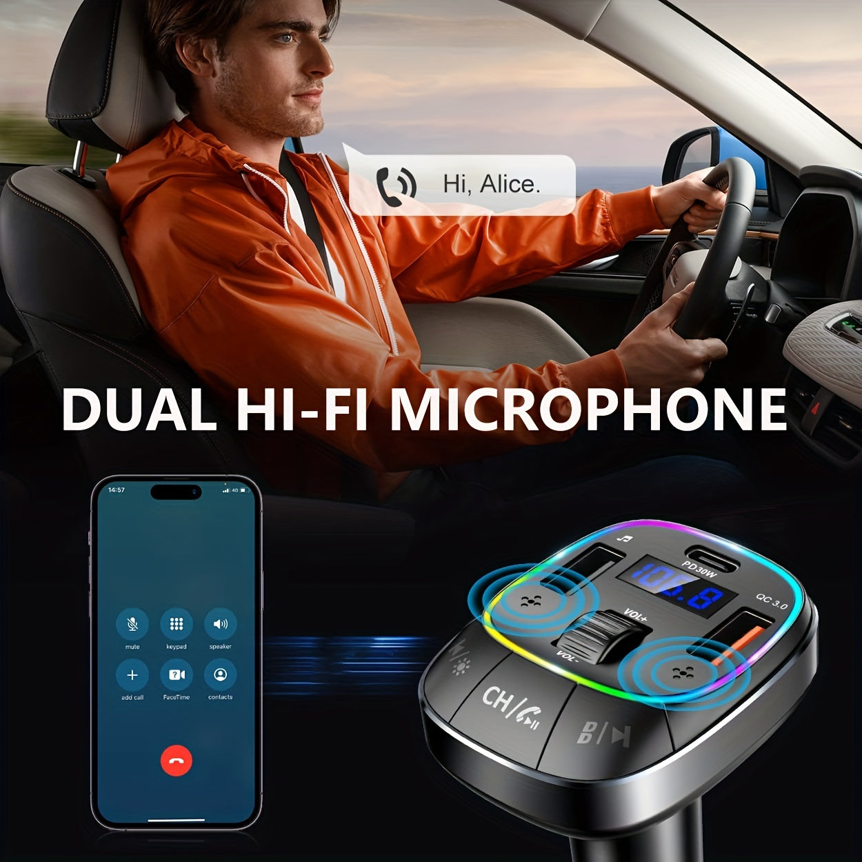 Wireless Car Adapter with Hands-Free Calling RGB Backlit Fast Charging