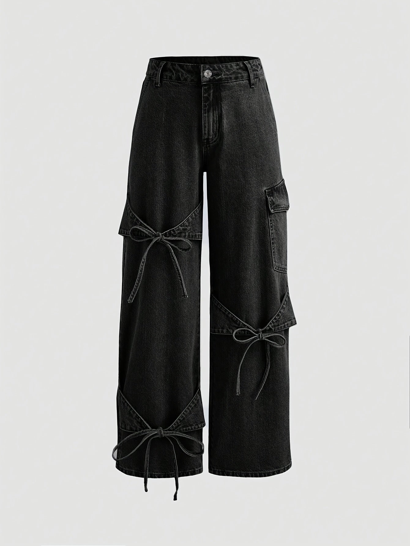Women's Black Cargo Jeans Wide Leg Bow Tie Non-Stretch Rayon Spring Fall