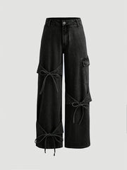 Women's Black Cargo Jeans Wide Leg Bow Tie Non-Stretch Rayon Spring Fall