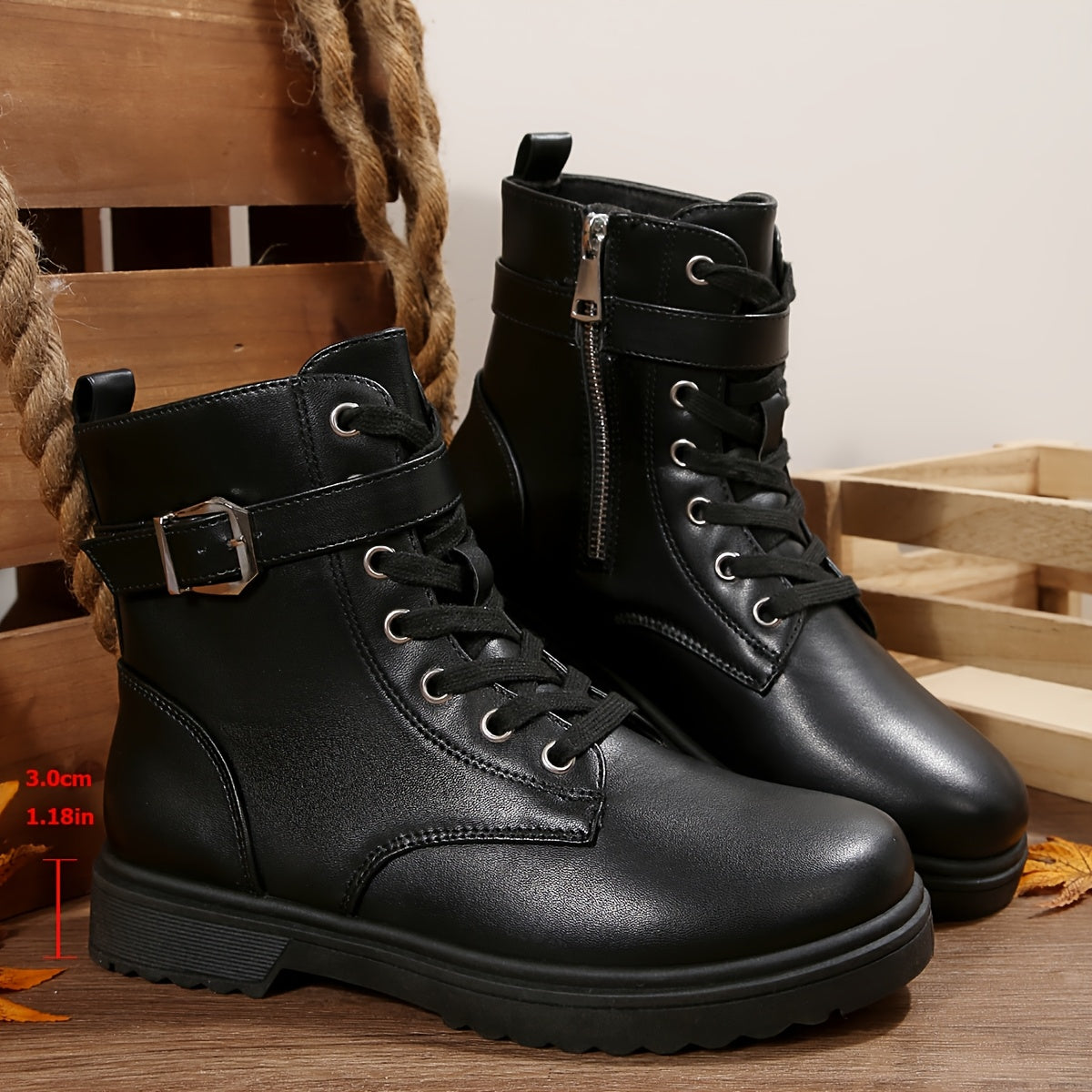Women's Black PU Ankle Boots with Zipper Lace-Up Flat Sole All-Season