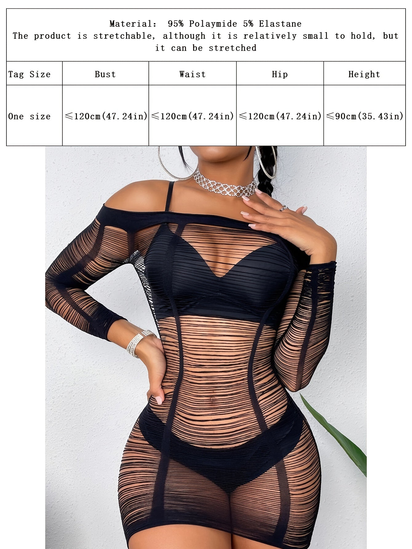 Women's Plus Size Fishnet Cover-Up Dress Long Sleeve See-Through Beachwear