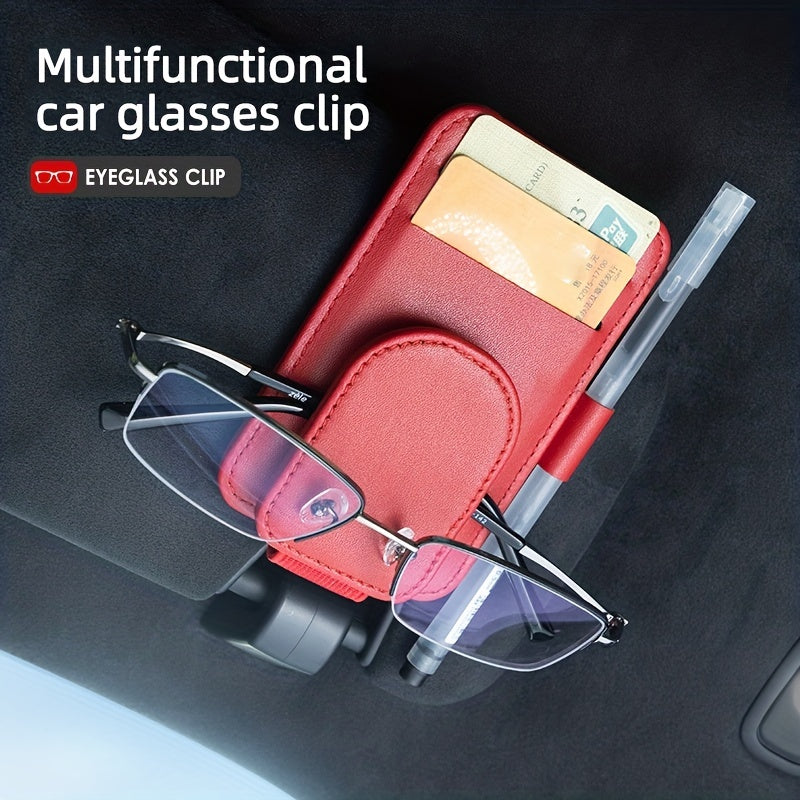 Faux Leather Car Sunglass Holder with Magnetic Clip and Card Storage