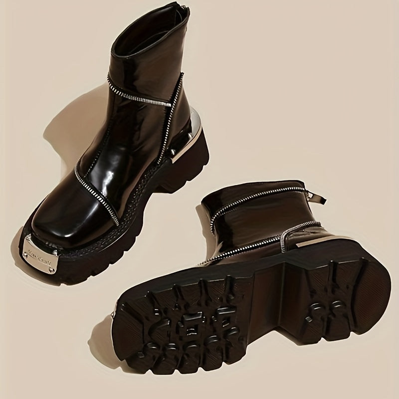 Women's Black Square Toe Ankle Booties with Zipper Platform Heel Rubber Sole