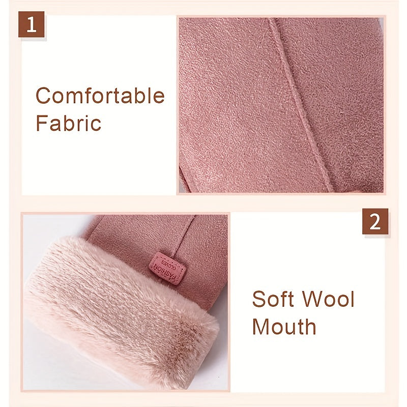 Yumshoq Plush Qulf Suede Qo'lqoplar, Qattiq Rangda, Qo'shimcha Issiqlik Uchun Velur Bilan - Ayollar Uchun Kuz va Qish Qo'lqoplari, Shamol va Sovuqdan Himoya Uchun