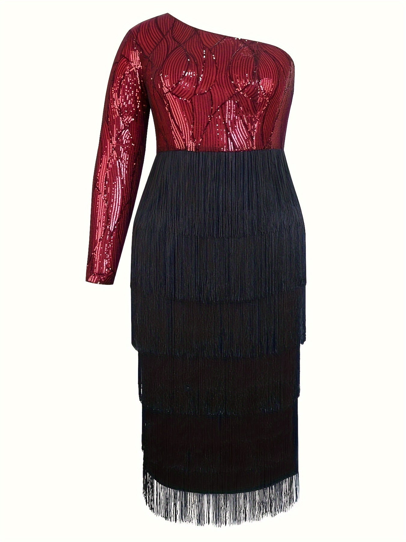 Vestido de lentejuelas de talla grande con borlas, de un solo hombro, para fiesta y banquete, manga larga