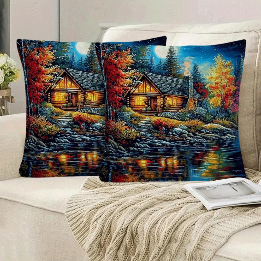 Set of 2 Flannel Pillow Cases 45.72x45.72 cm Lakeside Lodge Scenery Zippered Closure