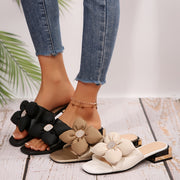 Women's Faux Leather Slip-On Sandals with Bowknot and Floral Accent